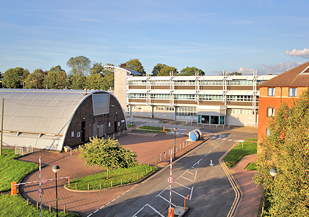 Raised wide shot featuring various buildings