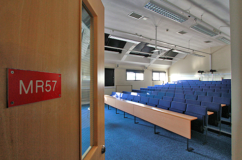 Lecture theatre MR57 with door in foreground