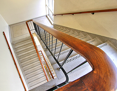 Stairs with wooden handrail.